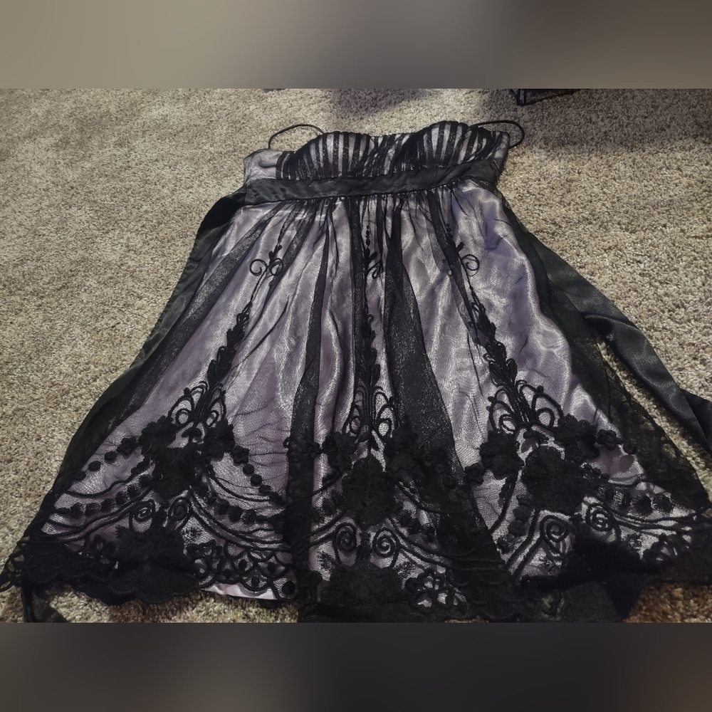 S. L. Fashions purple and black lace prom type dress